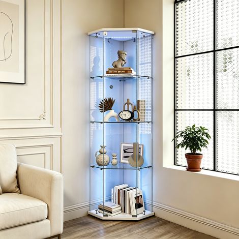 Vitrine en verre trempé, Vitrine d'angle pentagonale avec éclairage LED, Serrure de sécurité, 4 étagères en verre trempé, Dimensions 60x42.5x162 cm