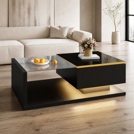 Table basse LED 90 x 50 x 32,5 cm en verre trempé, 16 couleurs, noir HAVRYA (1/5)