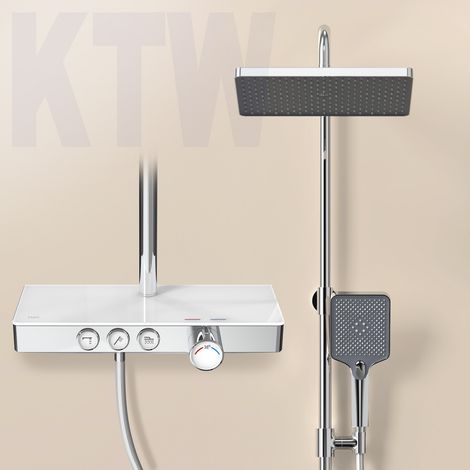 EMKE Duschsystem mit Thermostat Glasablage Handbrause 3 Strahlarten Regendusche, Wasserauslass Verbrühungsschutz Wandmontage KTW-Zertifizierung, Chrom (1/5)