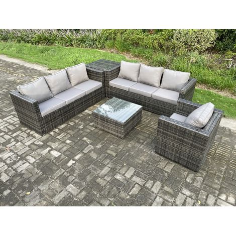 Fimous Rattan Gartenmöbel Sofa Set mit Sessel Quadratischer Couchtisch Beistelltisch Indoor Outdoor 7 Sitzer Rattan Set Dunkelgrau Gemischt (1/5)