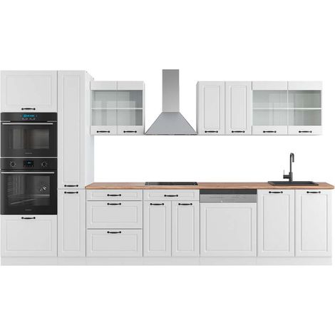 Mueble de cocina R-Line, Casa de campo blanca/blanca, 350 cm con armario alto, ET Roble, Vicco