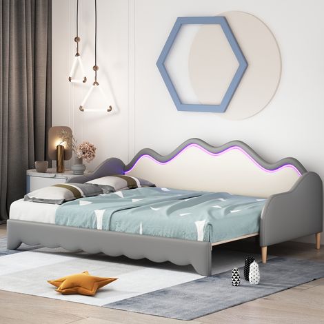 Cama individual, cama infantil, sofá cama de 90 x 190 cm y 180 x 190 cm con iluminación LED, base de láminas, de piel sintética, gris (1/5)