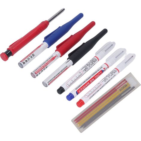 Set crayon de menuisier multifonction 6 marqueurs à long bec pour trous profonds + 1 crayon à bois avec taille-crayon et recharges (1/5)