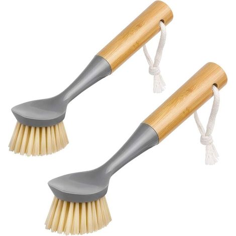 Brosse à disque radiale, spatule intégrée, manche long en bambou, brosses pour nettoyer les assiettes, les casseroles, l'évier de cuisine, lot de 2 (1/5)