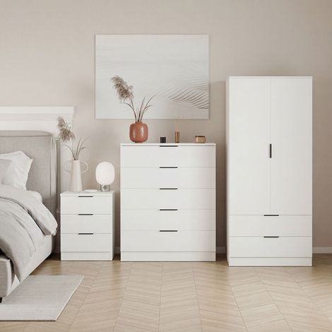 Trega Bedroom Furniture Set 3pc – 3 Drawer Bedside, 5 Drawer Chest & 2 Door Wardrobe, White