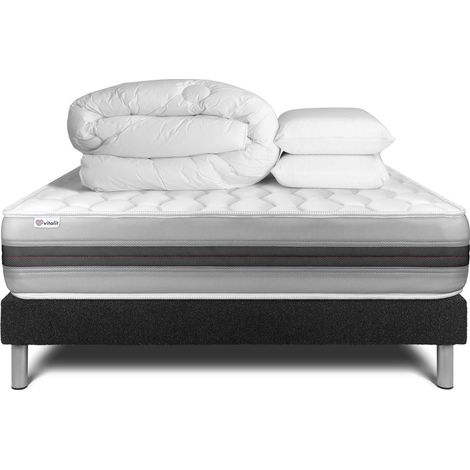 Komplettpaket Bett - Matratze 180x200 cm + Boxspringbett mit Lattenrost (im Set) + 2 Kopfkissen + Bettdecke - Vitalspring Recover