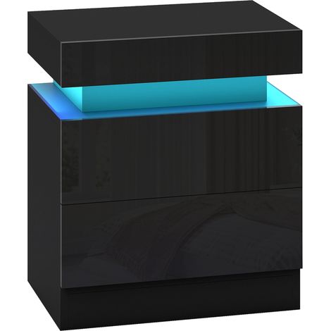 Comodino nero con luce LED, frontale lucido con 2 cassetti, per soggiorno e camera da letto.