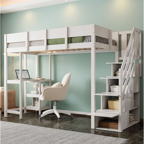 Letto a soppalco in legno bianco 90x200 cm con scala contenitore, mensola integrata e rete a doghe (1/5)