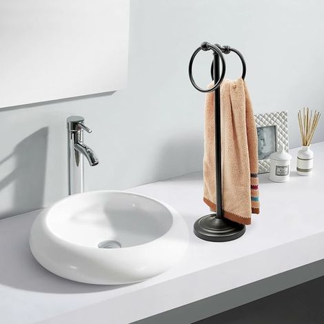 Porte-serviettes sur pied pour plan de travail de salle de bain, 48 cm de haut, avec double anneaux, porte-serviettes pour lavabo de salle de bain, bronze huilé (1/5)