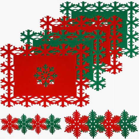 Placemat - Set De 12 Placemats Et Sous-Verres En Feutre Avec Motif Flocon De Neige - Pour Décoration De Table De Noël - Rouge Et Vert (1/5)
