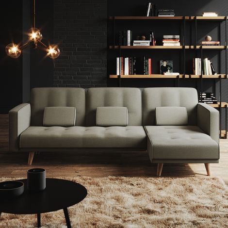 ELEGANT Grey Sofa Bed 3 to 4 Seater L Shaped Adjustable 3 Inclining Positions Fabric Corner Sofabed Couch Linen With Cushions for Living Room (1/5)