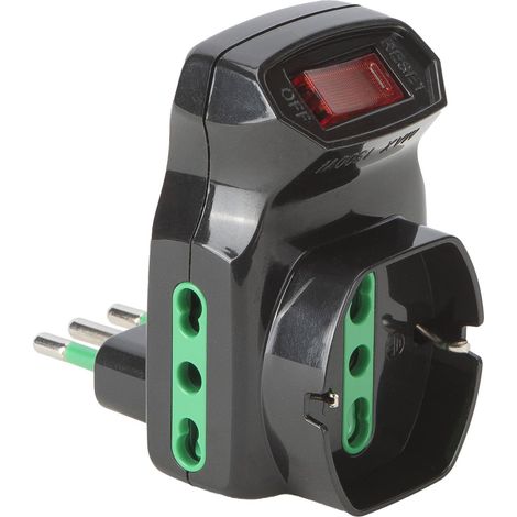 Adattatore Triplo 10A16A con Schuko Fme Nero 2P con T con Interruttore (1/2)