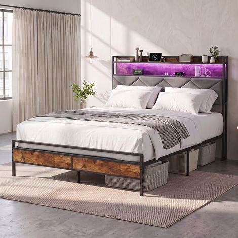 Cama individual 90x200 cm – Metal y madera – Con cabecero – Iluminación LED RGB – Interfaz USB/Tipo C – Base de láminas – Ropa de cama gris (1/5)