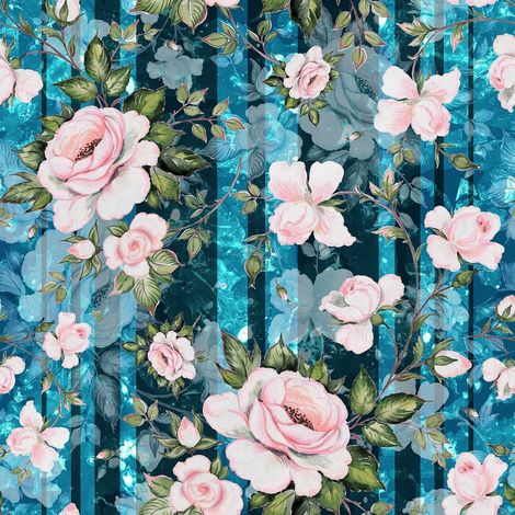 Tela decorativa Oxford para exteriores - motivo de rosas sobre rayas azules I DR198 (1/5)