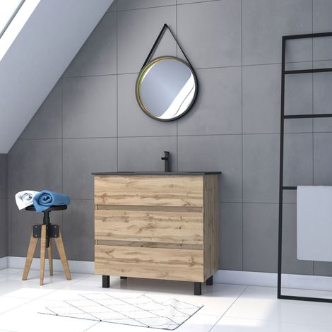 Mueble Baño 80cm Acabado Roble - Cajones - Lavabo negro+ Espejo Barbero- TIMBER 80-Pack44 (1/5)