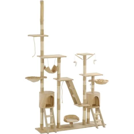 Arbre à chat XXL 230–250 cm avec niches, griffoirs en sisal et plateformes peluchées – Beige (1/4)