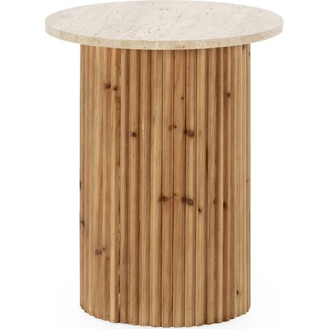 Table d'appoint bois et marbre travertin naturel élégance intemporelle - Naturel bois et marbre travertin