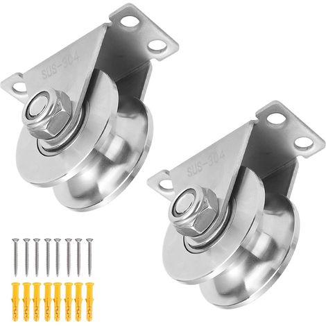 Lot de 2 poulies en U de 48 mm pour cordes, en acier inoxydable 304 avec roulement à billes pour portails roulants, système de poulie, roulement, corde à linge, portails coulissants (rainure en U) (1/5)