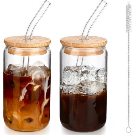 Ensemble de 2 verres - Tasse - Verre avec paille - Tasse à café - Verre à thé - Gobelet - Gobelet avec paille - Transparent - Verre/Bois - 500 ml Transparent (1/5)
