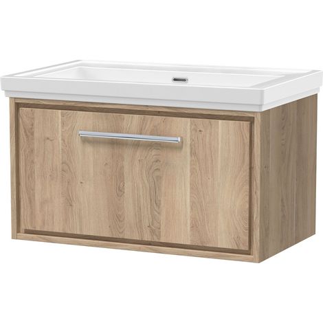 Longnor 1 Drawer Wall Hung Vanity Unit with 0 Tap Hole Traditional Fireclay Basin, Light Oak, 800mm