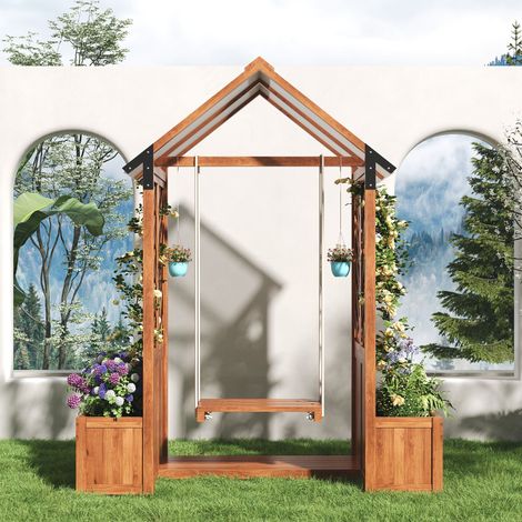 Fioriera con grigliato e altalena da esterno, vasca in legno massello di abete con tetto in policarbonato, supporto per piante rampicanti per giardino, cortile e terrazza, marrone