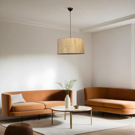 Lustre en métal avec capuchon en bambou, 45 cm de diamètre, hauteur réglable, douille E27, finition chêne et noir, pour les espaces modernes, indice IP20 (1/5)