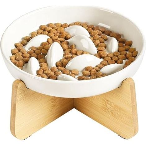 Bol à chat ralentisseur PETTOM en céramique, support inclus, rebords hauts design piscine poisson, bol surélevé pour alimentation sèche et humide, favorise une alimentation saine (1/5)