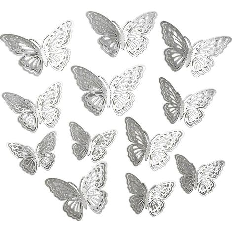 Autocollants papillons 3D métalliques ajourés – Lot de 12, amovibles – pour gateau d'anniversaire, chambre ou salon - Argent (1/5)
