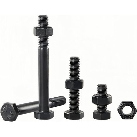 M8-1.25x100 Boulons avec écrous – Lot de 6 – Classe 12.9, acier trempé, oxydation noire, filetage partiel – Auto, industrie, charges lourdes (1/5)