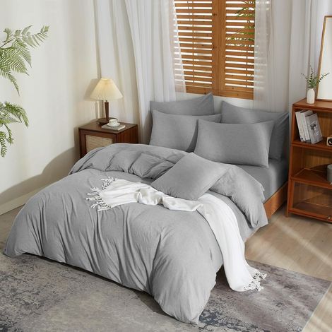 Parure de lit 3 pièces en lin mélangé 220 x 240 cm - Gris clair - Lin et coton - Doux, respirant et douillet - Moderne - Avec fermeture éclair et 2 taies d'oreiller de 80 x 80 cm (1/5)