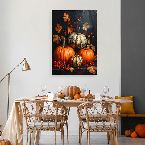 Wandbild Herbstkomposition mit Kürbissen Dekoration in warmen Farben auf dunklem Hintergrund 40x60 (1/4)