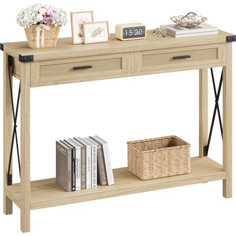 Table console campagne bois tiroirs rotin 2 niveaux 43 pouces étagère rangement entrée salon couloir (1/5)