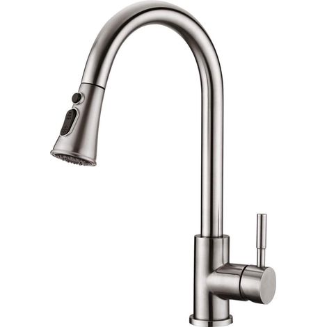 Robinet de Cuisine - Mitigeur Rotatif à Douchette Extensible Pulvérisation d'Évier en Nickel Brossé 360°avec Acier Inoxydable (1/4)