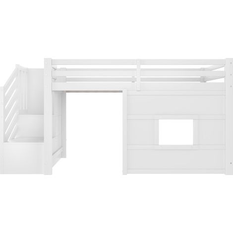Lit mezzanine enfant 90x200 cm - avec escalier de rangement et fenêtre - blanc (sans matelas)