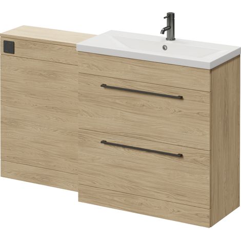 Napoli 390 Cento Light Oak 1400mm 2 Drawer Vanity Unit Toilet Suite with Glide Basin - 1400mm - Gunmetal Grey 480mm HandleWithout Kingston Toilet Pan