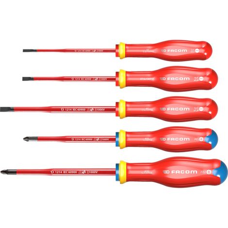Facom – Jeu de 5 tournevis Protwist isolés 1000V – Lame résistante à la flexion – Traitement tri-coating pour 4x résistance corrosion – Ergonomie optimisée