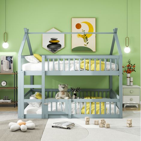 Cama Litera 140x200 Cm Estructura Madera Gris Y Espacio Juegos (1/5)