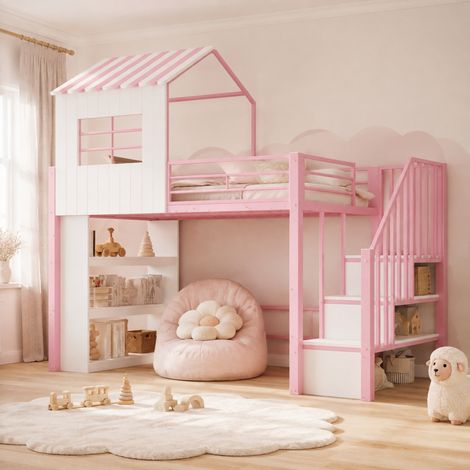 Kinder-Hochbett 90x200 cm aus MDF und Metall, Rosa, mit Stauraum, ohne Matratze – MEUBLIV (1/5)