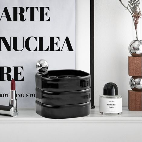 Boîte à bijoux rotative à plusieurs niveaux pour boucles d'oreilles, bracelets, puces et colliers. Haut de gamme, raffinée, anti-oxydation, entièrement noire. (1/5)