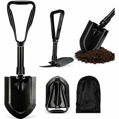 Pelle pliante multifonction de 58 cm en acier au carbone haute résistance - Bêche de jardin d'extérieur avec houe et sac - Pour extérieur, camping, pelle à neige, jardinage, creuser (noir)