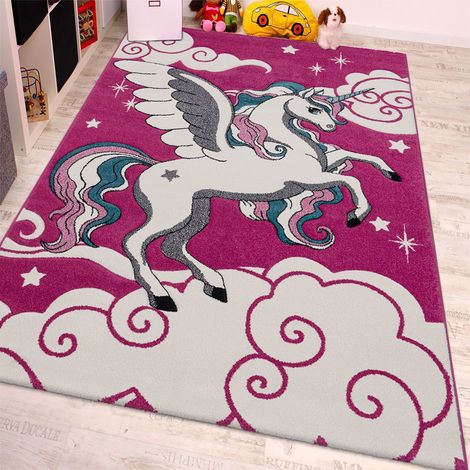 Paco Home Tappeto Per Cameretta Il Piccolo Unicorno Alato Nei Colori Fuchsia Bianco Turchese 80x150 cm