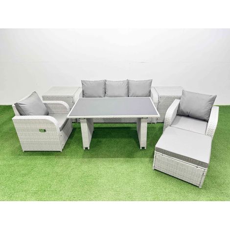 Fimous Outdoor Rattan Garden Furniture Dining Set 6-seater Patio Rectangular Table 3 Seater Sofa Reclining Chair Set with 2 Side Tables Big Stool (1/4)