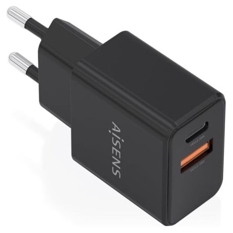 Cargador de Pared GaN Aisens A110-1026/ 1xUSB Tipo-C/ 1xUSB/ 20W/ Negro