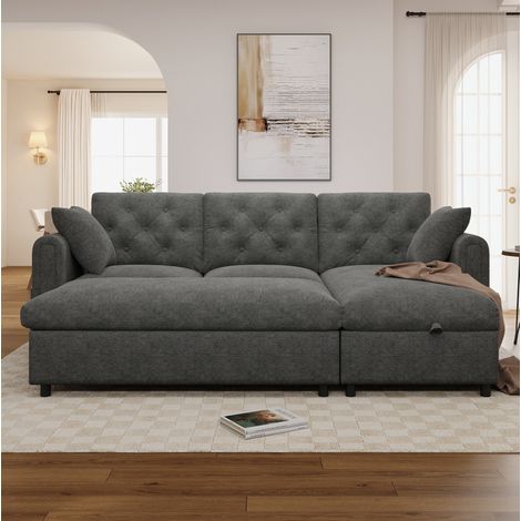 Sofá esquinero convertible 4 plazas con almacenaje, tapizado en terciopelo, color gris (1/5)