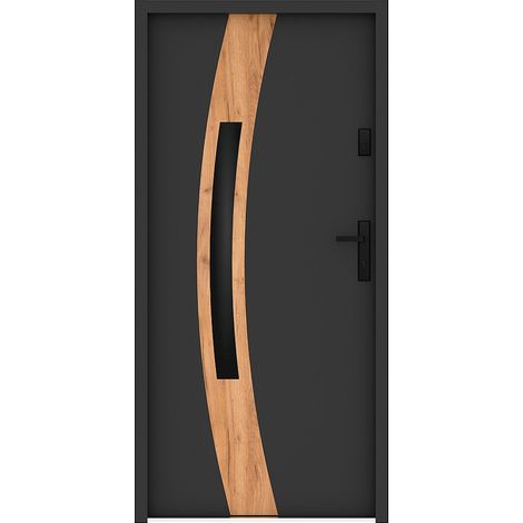 Porte d'entrée en acier vitrée avec inox H207 x L100 cm - verre fumé - anthracite et effet chêne - épaisseur 55 mm - poussant gauche - TROFA (1/4)
