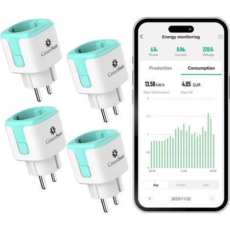 Prise Connectée WiFi 16A, Suivi Énergie Solaire, Compatible Suivi consommation/production solaire, minuterie, commande vocale, protection surcharge, 2.4 GHz, 4 pièces (1/5)