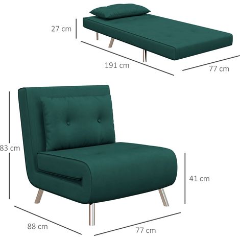 Canapé-lit convertible fauteuil inclinable avec coussin, sofa invité en velours vert foncé, dimensions 77x88x83 cm, idéal chambre d'amis, literie d'appoint (1/5)