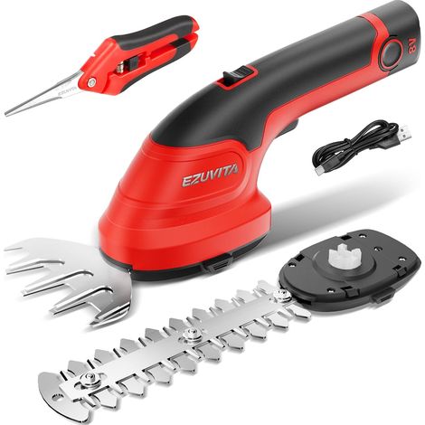 Cisaille à Gazon et Taille-Haie sans Fil 2 en 1, 8V Coupe-Bordure avec Batterie Amovible 2000 mAh, 2 Lames Interchangeables pour Buissons, Arbustes, Branches et Bordures (Rouge) (1/5)