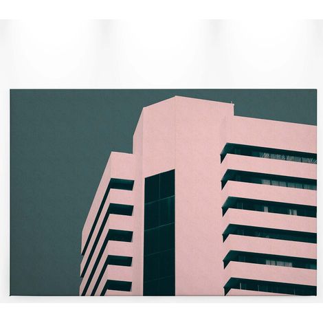 Tableau gratte-ciel vert & rose | Tableau sur toile design pour cuisine | Tableau moderne industriel pour chambre adulte & couloir - 0,9 x 0,6 m (1/5)