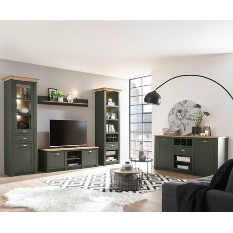 Landhaus Wohnwand Set mit Anrichte CINCINNATI-61 in grün mit Wotan Eiche, mit LED-Beleuchtung, B/H/T: 328/207/45cm (1/5)